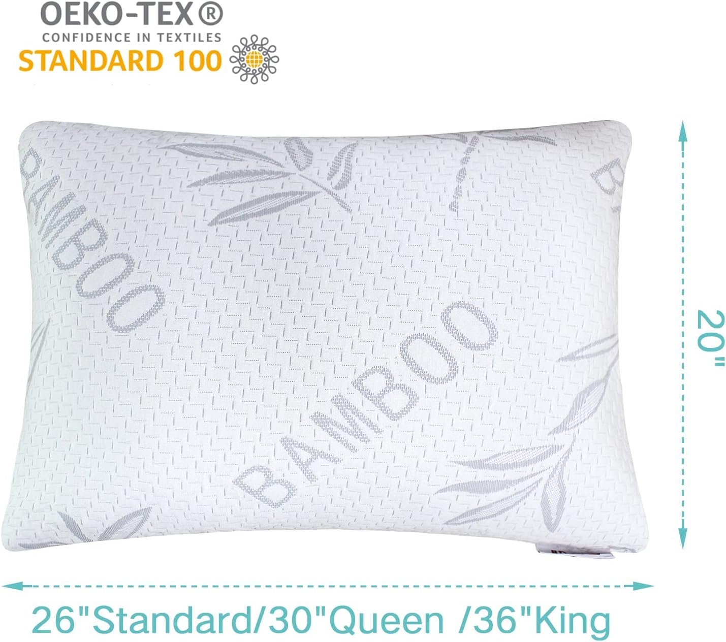 Bamboo Standard Size Pillows Set of 2 - Machine Washable Bed Pillows for Sleeping for Back, Stomach and Side Sleeper - Firm Luxury Extra Comfy Cooling Shredded Memory Foam Pillows 20*26 in